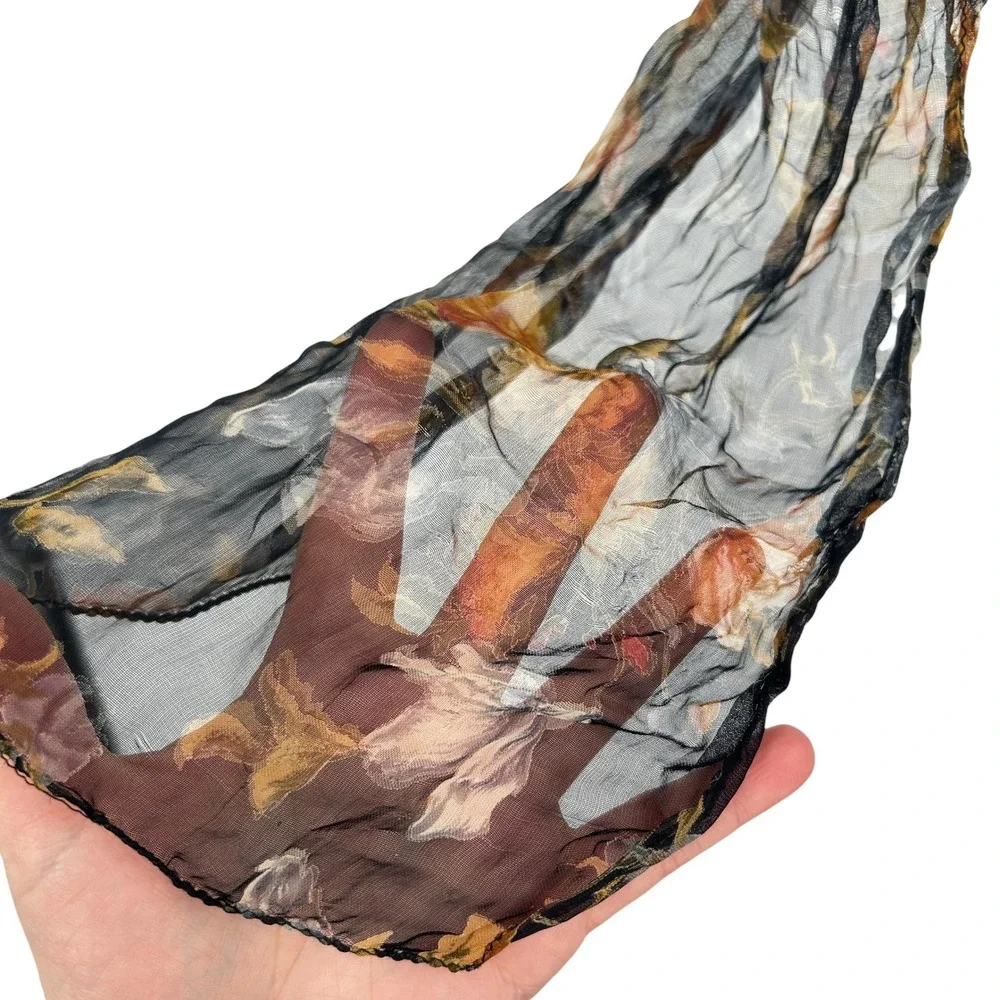 Sheer‎ Floral Scarf Black Brown Indie Grunge Boho Lightweight Vintage Wrap